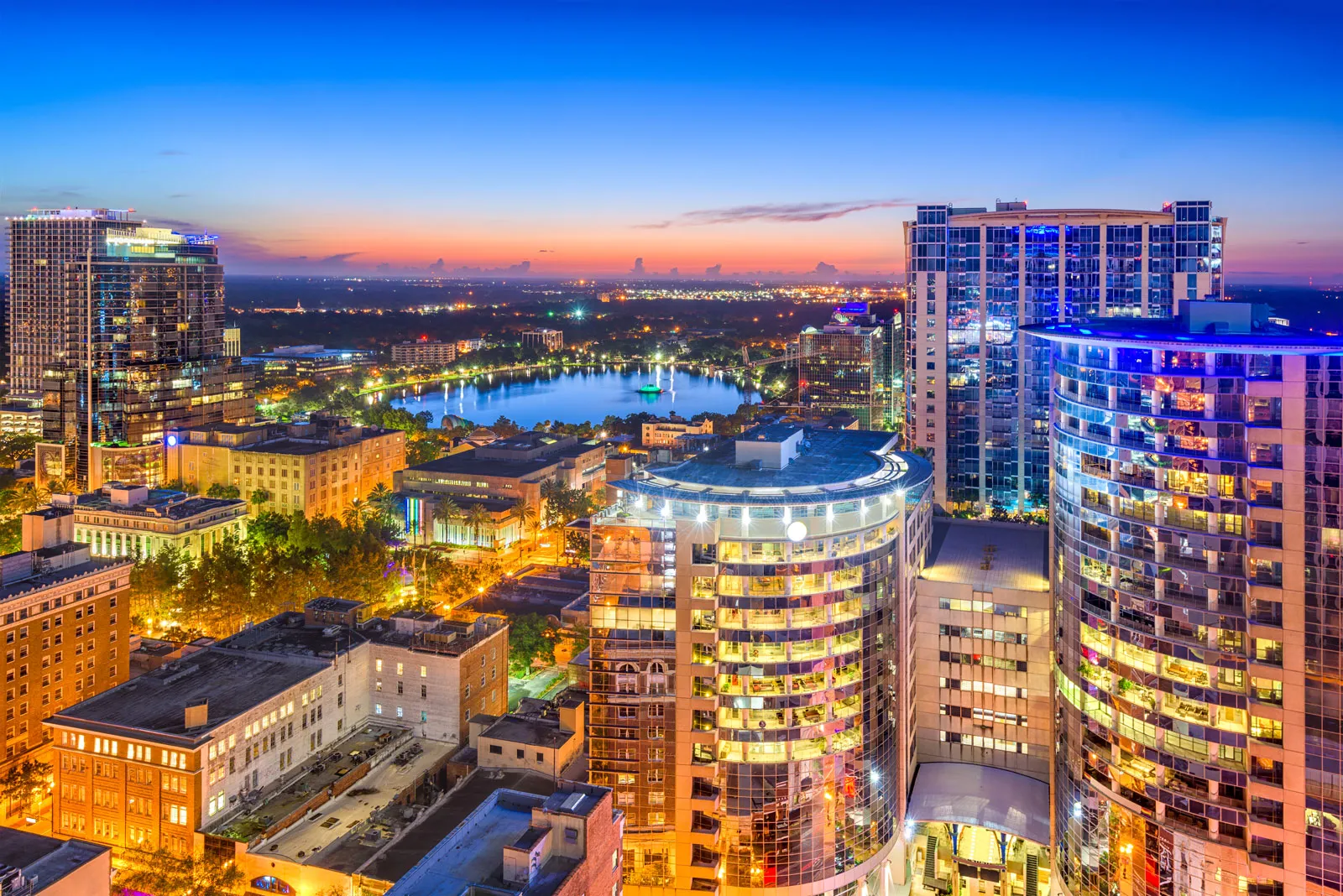 Orlando Florida aerial cityscape towards Eola Lake - hard money loans for real estate investors in Central Florida